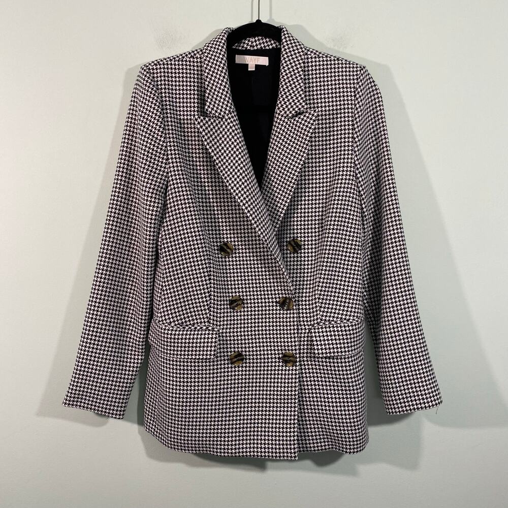 Wayf Women Houndtooth Print Double Breasted Shoulder Pad Structure Blazer Size 8